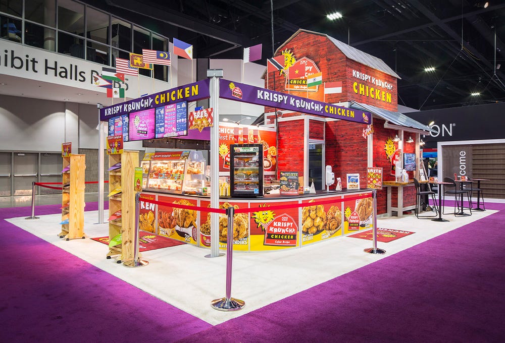 Custom rental trade show exhibit made to look like eye catching chicken shop Custom rental trade show exhibit made to look like eye catching chicken shop